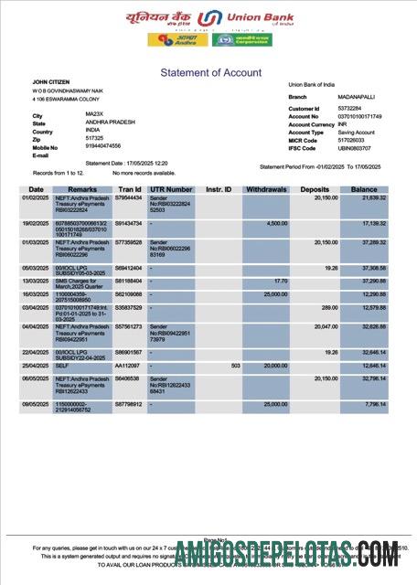 Extrato de conta bancária da União da Índia para impressão, modelo Word e PDF, versão 2